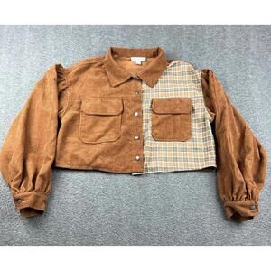 HYFVE Women's Collared Cropped Corduroy Sweater with Plaid Accent Size Large